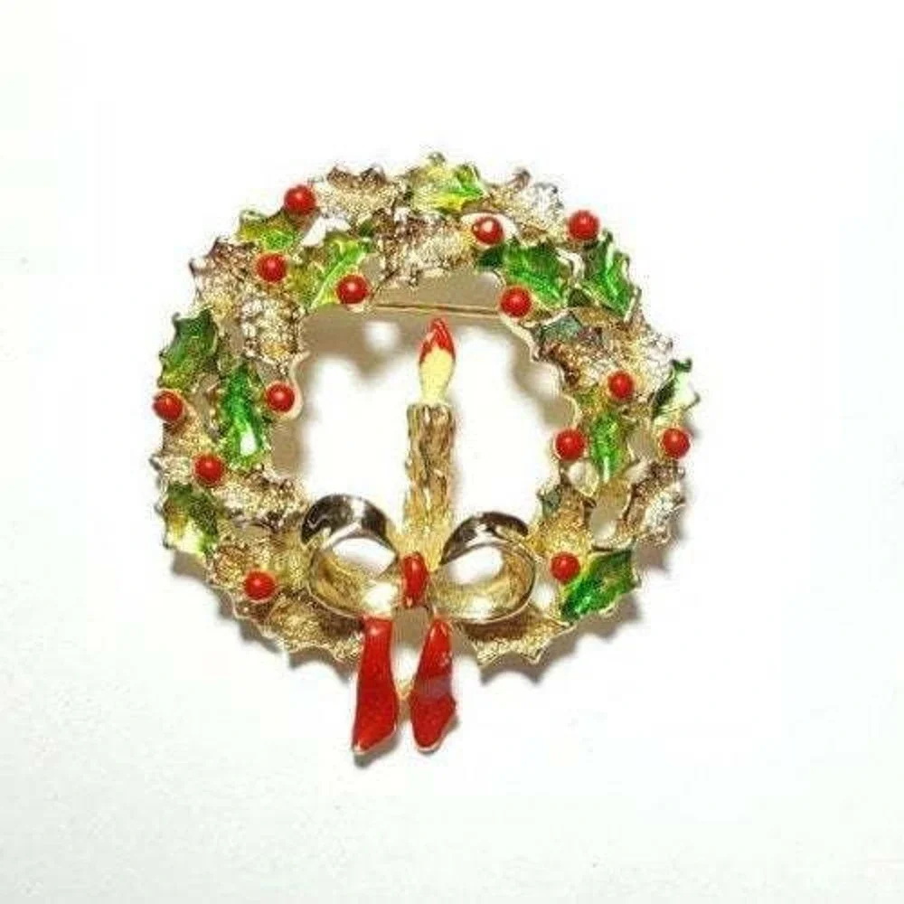 Signed Gerrys Large Enamel Christmas‎ Wreath Brooch Pin 1.75